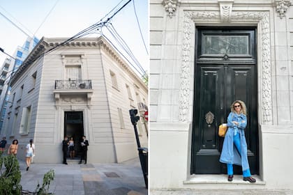 Casa Néctar, el espacio que creó Toti Quesada en Agüero y Güemes, en una antigua vivienda icónica de Barrio Norte que conserva su puerta y puede notarse su gran altura con respecto a las personas.