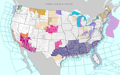 Casi todo Florida y el sur de EE.UU. están bajo alerta por vientos fuertes hoy, según el NWS (Foto: weather.gov / NWS)