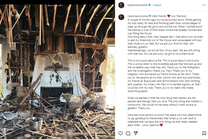 Caterina Scorsone, compartió el dramático momento que vivió con sus hijas: su casa se incendió y murieron sus mascotas