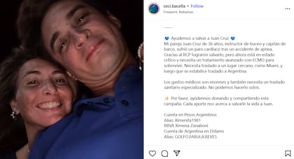 Cecilia Bacella, pareja de Juan Cruz, pide ayuda a través de redes sociales para costear el tratamiento y traslado (Fuente: Instagram @ceci.barella)