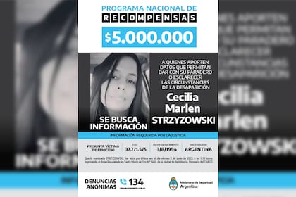 Cecilia Strzyzowski: el Gobierno ofrece una millonaria recompensa por datos sobre el paradero de la joven