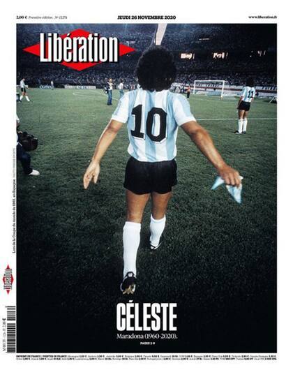 "Celestial". El mensaje del diario Libération por la muerte de Diego Armando Maradona, la que retratan en el estadio Monumental. 