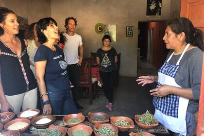 Celestina Ávalos ofrece diferentes hierbas para tomar infusiones a los visitantes