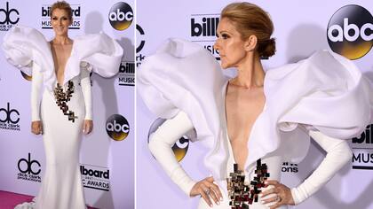 Celine Dion impact con un vestido blanco, creacin de Stphane Rolland, con volumen en los hombros