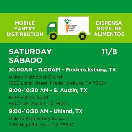 Central Texas Food Bank compartió en Facebook el calendario con las ubicaciones donde estará su dispensa móvil de alimentos (Facebook/Central Texas Food Bank)