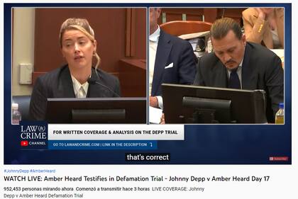 Cerca de un millón de personas siguen la transmisión en vivo del juicio de Johnny Depp contra Amber Heard (Crédito: Captura de video/Law & Crime Channel)