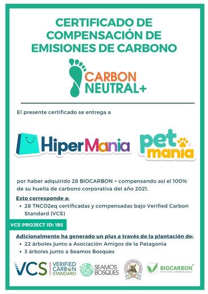 Certificado CARBON NEUTRAL+: incluye bonos de carbono VCS + rboles reforestados