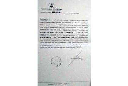 Certificado de la grave imputación contra Ariel Gallero