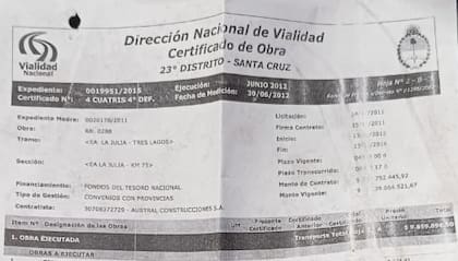 Certificado de obra por más de 9 millones de pesos, emitido por la Dirección Nacional de Vialidad a favor de Austral Construcciones