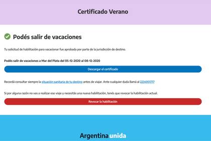 Certiicado Verano, aprobación del permiso para vacacionar en la Costa Altántica