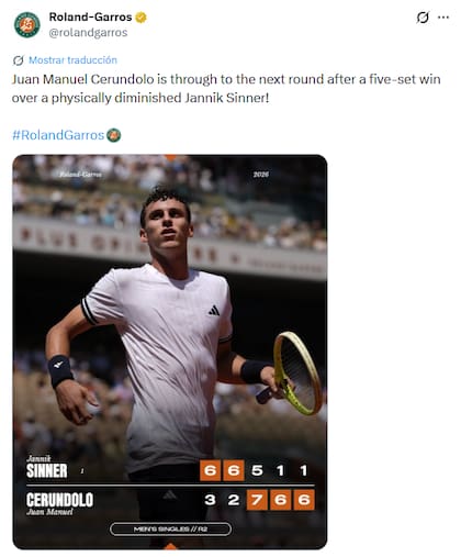 Cerúndolo festejó ante Sinner en Roland Garros