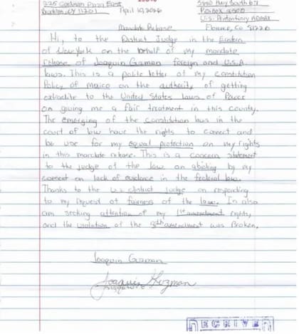 Chapo Guzmán denunció, a través de una carta, que se violan sus derechos constitucionales y solicitó la intervención del juez Brian Cogan