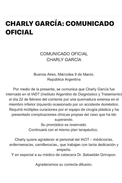 Charly García Comunicado Oficial