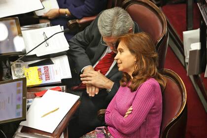 Cristina Kirchner dialoga con su compañero de banca, con el libro "La estafa del tarifazo" de testigo