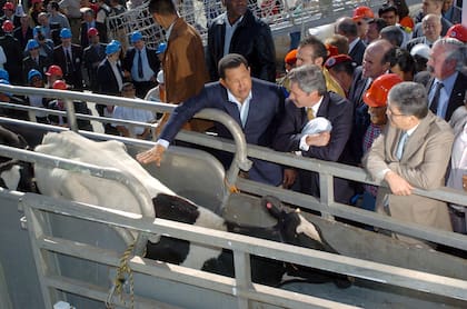 Chávez, Felipe Solá (exgobernador de la Provincia de Buenos Aires) y Julio de Vido (exministro de Planificación) en el puerto de Dock Sud