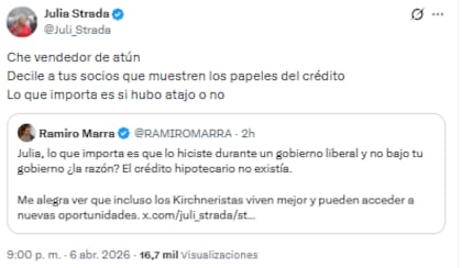 "Che vendedor de atún", escribió Strada en referencia a Marra, en el marco de la polémica por los créditos del BNA