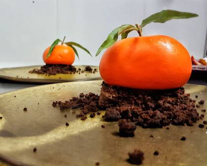 Cheesecake de mandarina sobre tierra de cacao amargo.