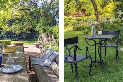 Mesa y sillas de hierro, heredadas. Mate ‘Mestizo’, de cerámica y madera de lenga (Altoestudio Tienda).