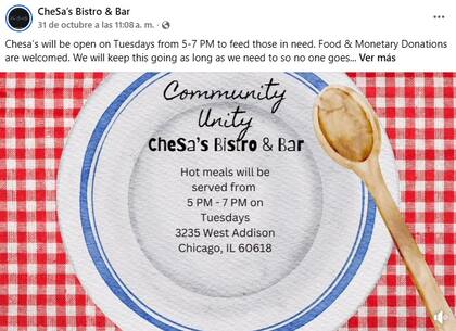 CheSa’s Bistro & Bar regalará comidas calientes todos los martes (Facebook/CheSa’s Bistro & Bar)