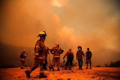 Los bomberos trabajan en la zona de un incendio forestal en las colinas de la comuna de Quilpe, región de Valparaíso