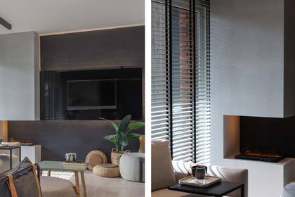 Chimenea de vapor de agua (Biohogares). Persiana americana de Hunter Douglas con bandas de aluminio y cinta negra (Snob Cortinas).