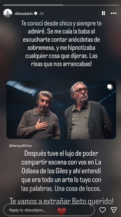 Chino Darín, que compartió con Luis Brandoni La Odisea de los Giles, publicó un cuadro de la película junto a unas emotivas palabras