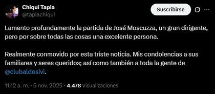 Chiqui Tapia, presidente de AFA, se solidarizó con la familia de Moscuzza