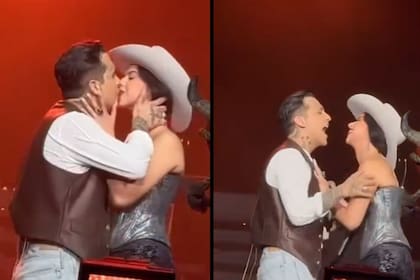 Christian Nodal y Ángela Aguilar sellaron su romance con un beso arriba del escenario durante un concierto del cantante