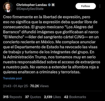 Christopher Landau con respecto a la cancelación de visas de artistas mexicanos. X @DeputySecState