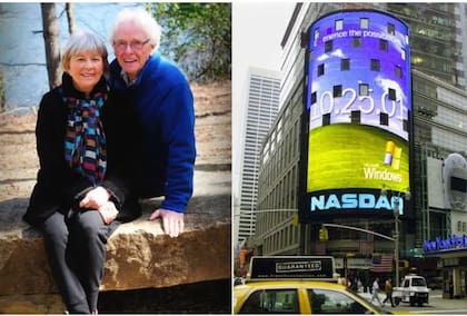 Chuck O'Rear y Daphne Larkin (izquierda) y "Bliss" en la fachada de un edificio de Nueva York (derecha)