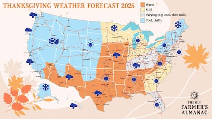 Ciudades clave del corredor atlántico como Nueva York, Boston, Filadelfia y Washington D. C. experimentarán un Día de Acción de Gracias soleado y frío, con temperaturas en Nueva York rondando los 47°F (8°C) de máxima y 36°F (2°C) de mínima, según Old Farmer´s Almanac