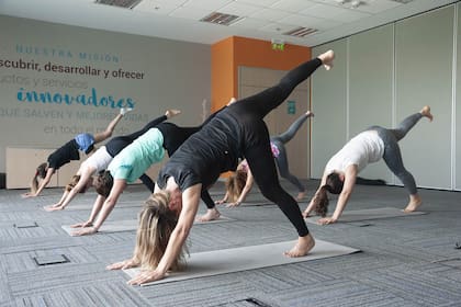 Clase de yoga en medio de la jornada laboral en el laboratori MSD