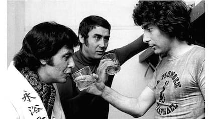 Claudio García Satur, Rodolfo Bebán y Guillermo Bredestón en 1977, cuando protagonizaron la comedia Cada vez me gusta más, en el Provincial de Mar del Plata
