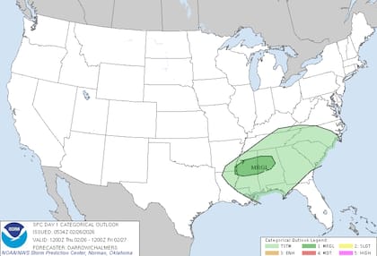 ClimaEl Centro de Predicción de Tormentas (SPC) ha emitido una alerta de riesgo marginal para el norte de Mississippi y Alabama, donde la energía convectiva diurna podría disparar tormentas aisladas con potencial de caída de granizo durante la tarde