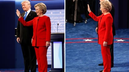 Clinton optó por un tailler recto y liso en color rojo furioso, con cuello redondo bien cerrado. Sumó stilettos con un pequeño moño en la puntera y muy pocos accesorios en dorado