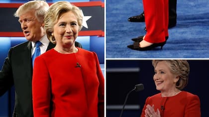 Clinton optó por un tailler recto y liso en color rojo furioso, con cuello redondo bien cerrado. Sumó stilettos con un pequeño moño en la puntera y muy pocos accesorios en dorado