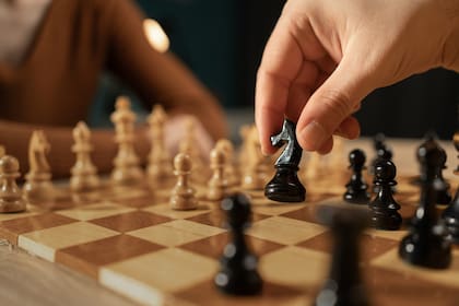 Close-up shot of a hand moving a black chess piece during a game between two players. The focus is on the chessboard and pieces, capturing the strategic nature of the game
