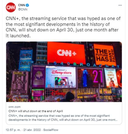 CNN+ anunció que finalizará su transmisión el 30 de abril (Crédito: Twitter/@CNN)