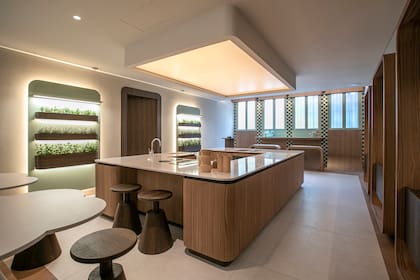 COCINA COMEDOR, by Johnson Acero por la arq. María Delia Zaccagnini. Alrededor de una mesada, puestos de café, tragos y lavado de alimentos frescos, y un sector vegetal