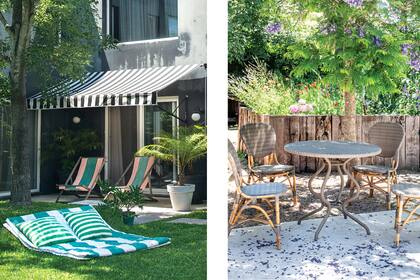 Colchonetas con fundas y juego de comedor, para disfrutar en compañía a la sombra generosa de algún árbol.