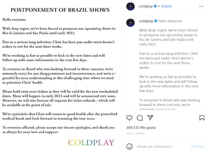 Coldplay anunció la suspensión de sus shows en Brasil.