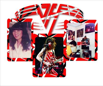 Collage para un buzo que Roberto mandó a hacer con dos fotos que intercambiaron de novios, más Van Halen.