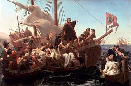Colón a bordo de la Santa María en otra de las tantas representaciones pictóricas que evocan la histórica travesía de 1492. Archivo La Nación.