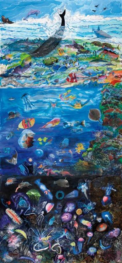 Columna de agua, obra sobre la distribución de la vida marina realizada para la Fundación Ecocentro de Puerto Madryn