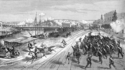 Combate de Barracas. Puede verse el antiguo puente Pueyrredón y detrás el puente del Ferrocarril. La ilustración está hecha desde capital hacia provincia, de manera que lo que se ve a la derecha son las tropas Provinciales avanzando para repeler a los Nacionales.