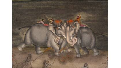 Combate de elefantes, obra sobre papel de la primera mitad del siglo XVII (galería Alexis Renard)