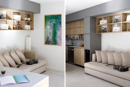 Combinación de melaminas ‘Nebraska’ (Egger), en estantes, y ‘Seda Notte’ (Faplac), en puertas grises.