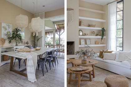 Comedor y living dialogan con lenguaje común. Sillones (Moscú Company), almohadones (La Importadora Deco), velas (Vero B Home), acuarelas de Josefina Guerrero. Mesas de centro (GEA Interiores), pufs (Somos Yugen).