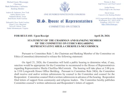 Comisión de Ética de la Cámara coordinó una audiencia contra la demócrata a las 14 hs del 21 de abril