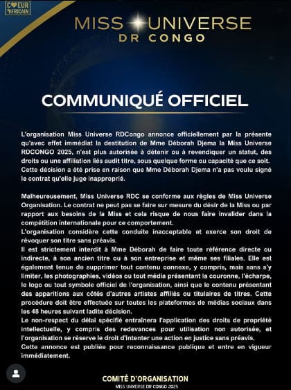 Comité Miss Universo Congo destituye a Déborah Djema de su título (Instagram/@missuniverse_drcongo)